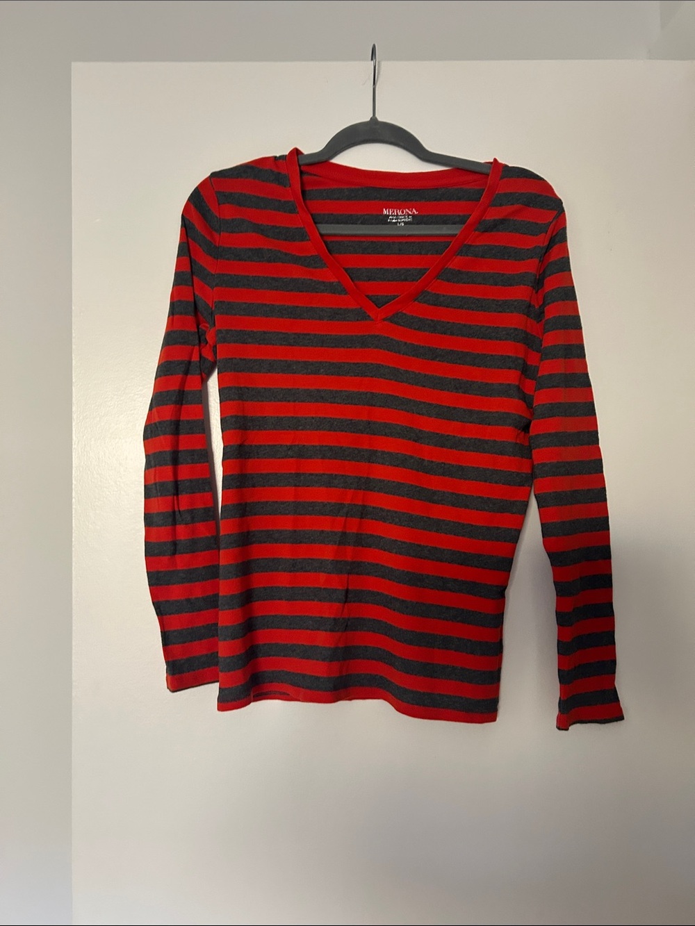 Merona Red and Black Striped V-Neck Knit Top